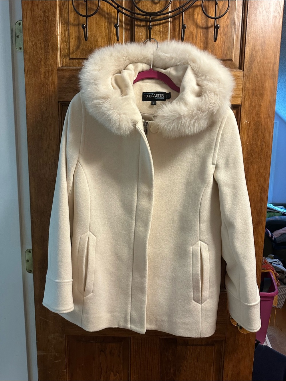 Cream Faux-Fur Trim Wool Blend Coat